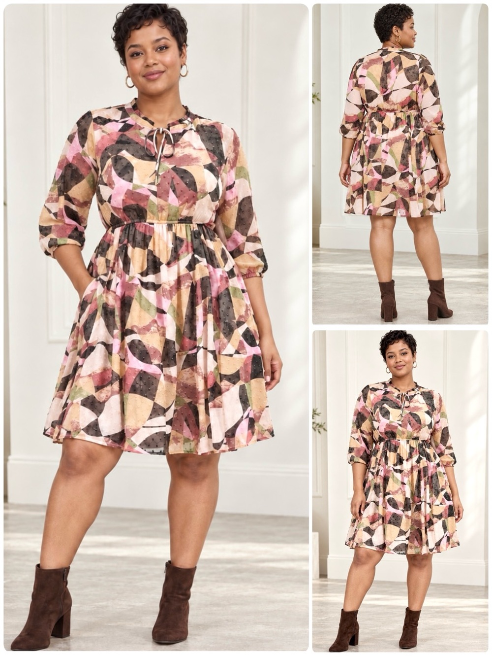 TORRID Mini Clip Dot Chiffon Dress Tie Ruffle Neck 3/4 Sleeve Keyhole Geo Print